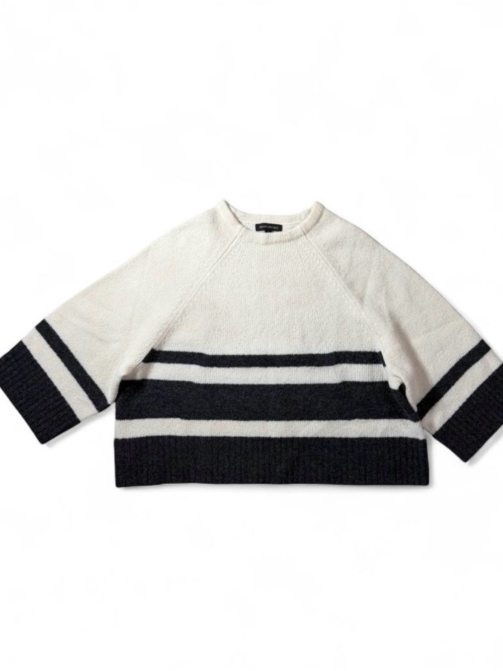 Banana Republic Women’s Small Merino Wool Striped Cropped Sweater Ivory Black Bo